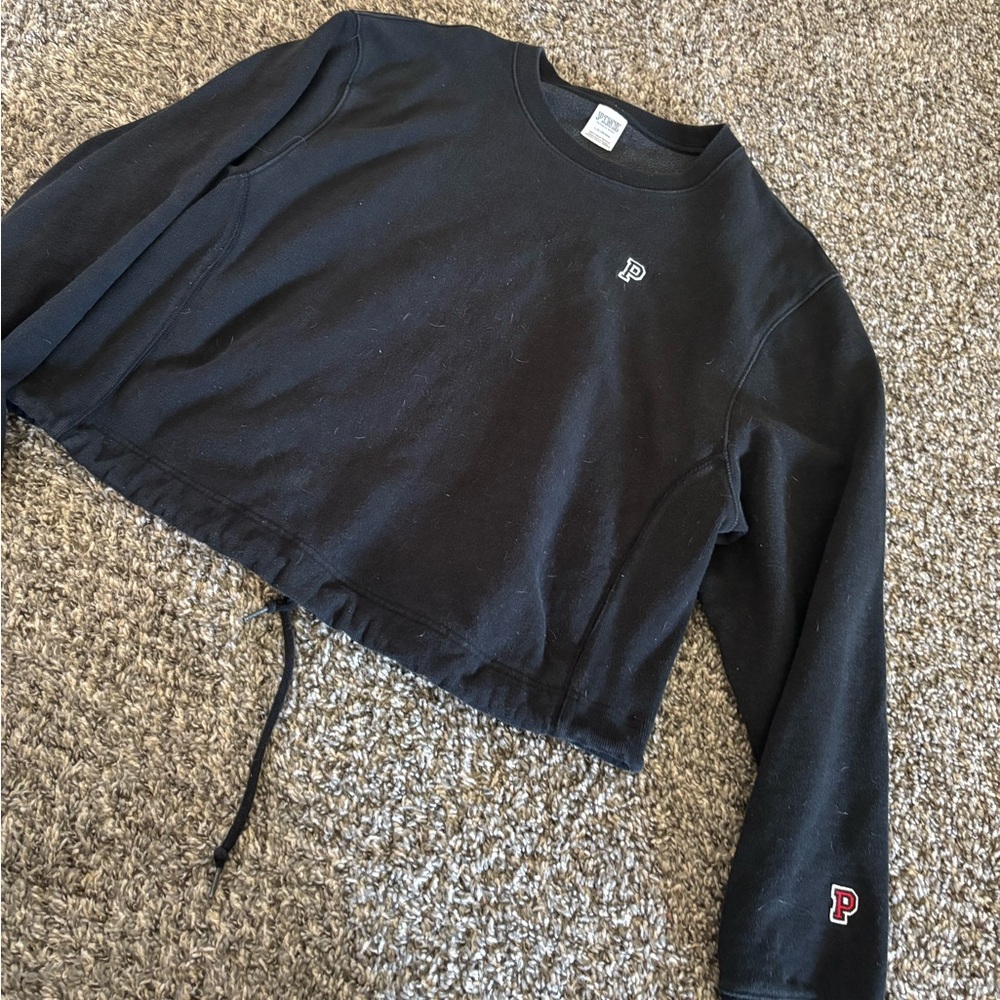 Black Cropped Sweatshirt with Pink Logo